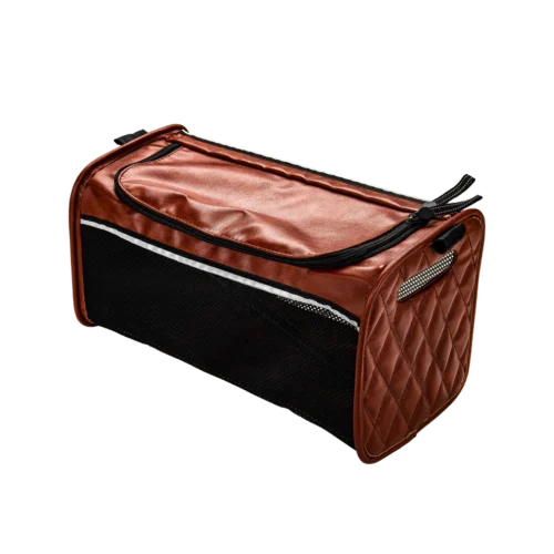 Brown quilted travel bag with mesh sides and zipper.