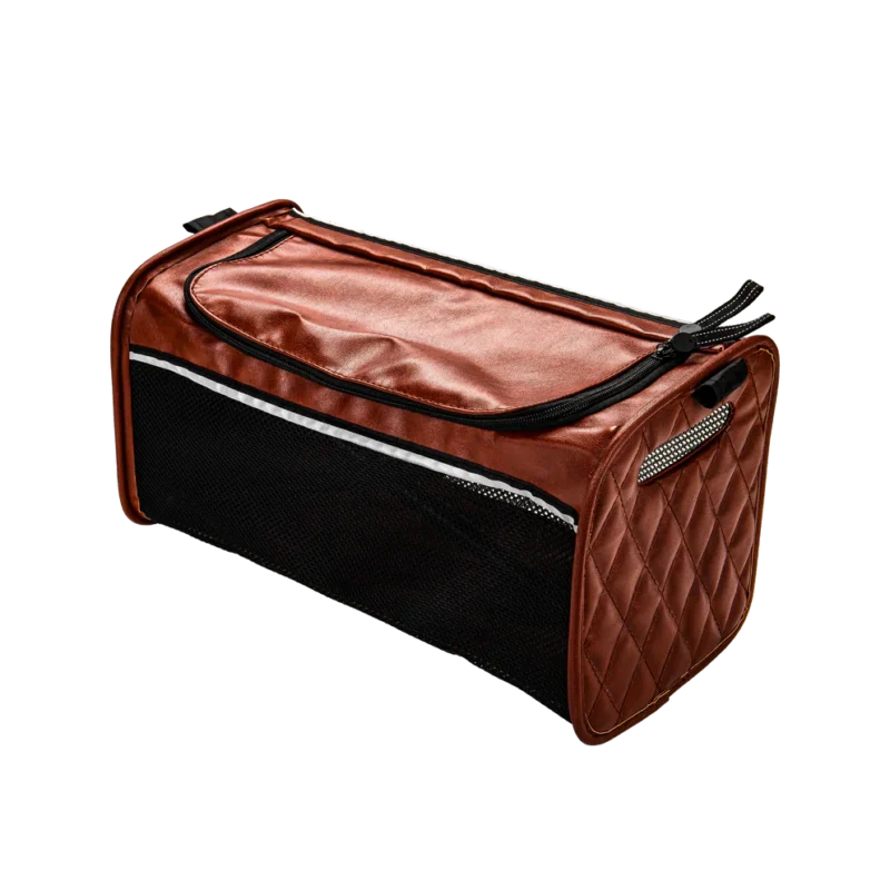 Brown quilted travel bag with mesh sides and zipper.
