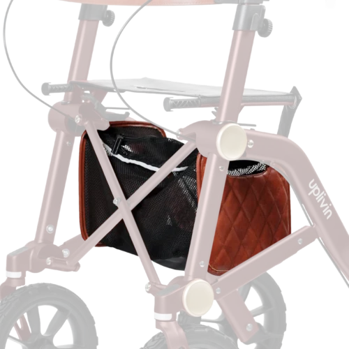Close-up of Uplivin Trive's rollator with accessories and logo.