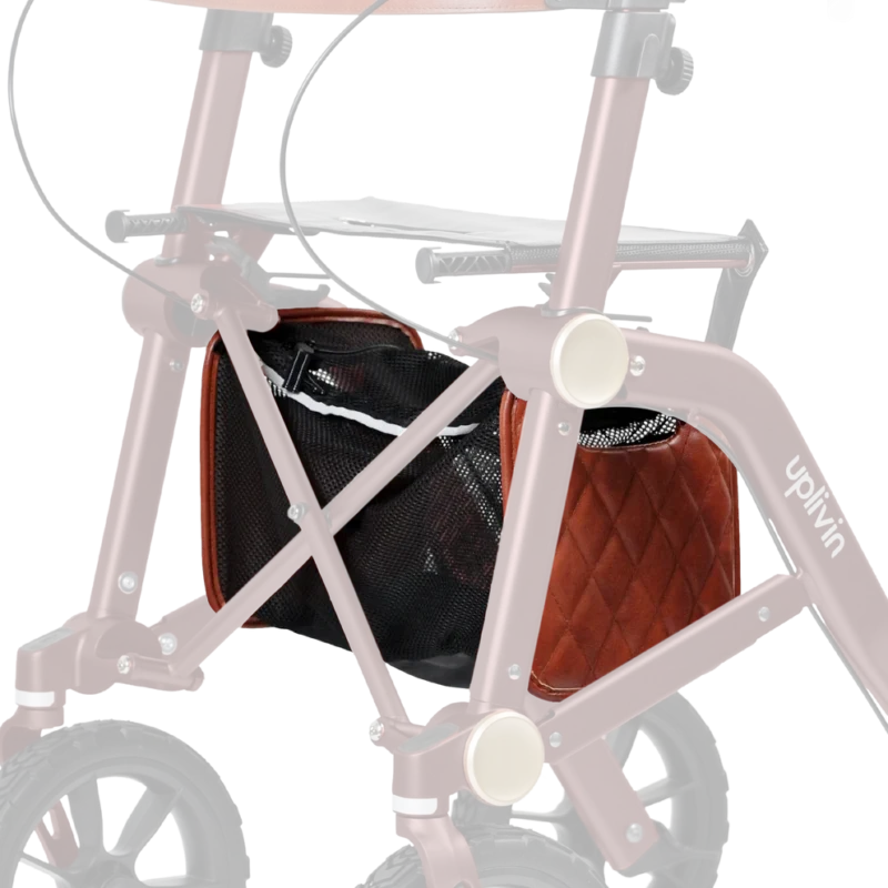 Close-up of Uplivin Trive's rollator with accessories and logo.