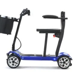 Side view of a blue foldable electric mobility scooter with seat and basket.
