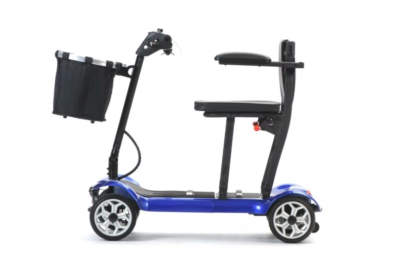 Side view of a blue foldable electric mobility scooter with seat and basket.