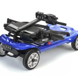 Folded blue electric mobility scooter on a white background.