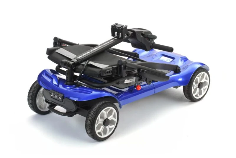 Folded blue electric mobility scooter on a white background.