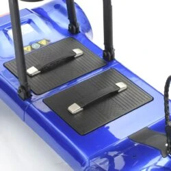 Close-up of the blue base of a foldable mobility scooter with footrests.