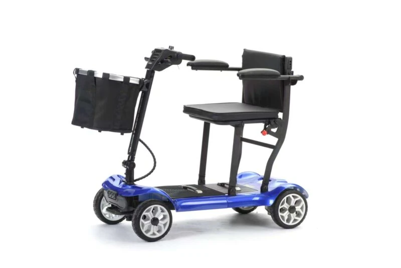 Blue foldable electric mobility scooter with black seat and front basket.