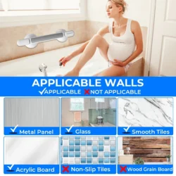Suction grab shower handle on bathroom wall with applicable surfaces shown.