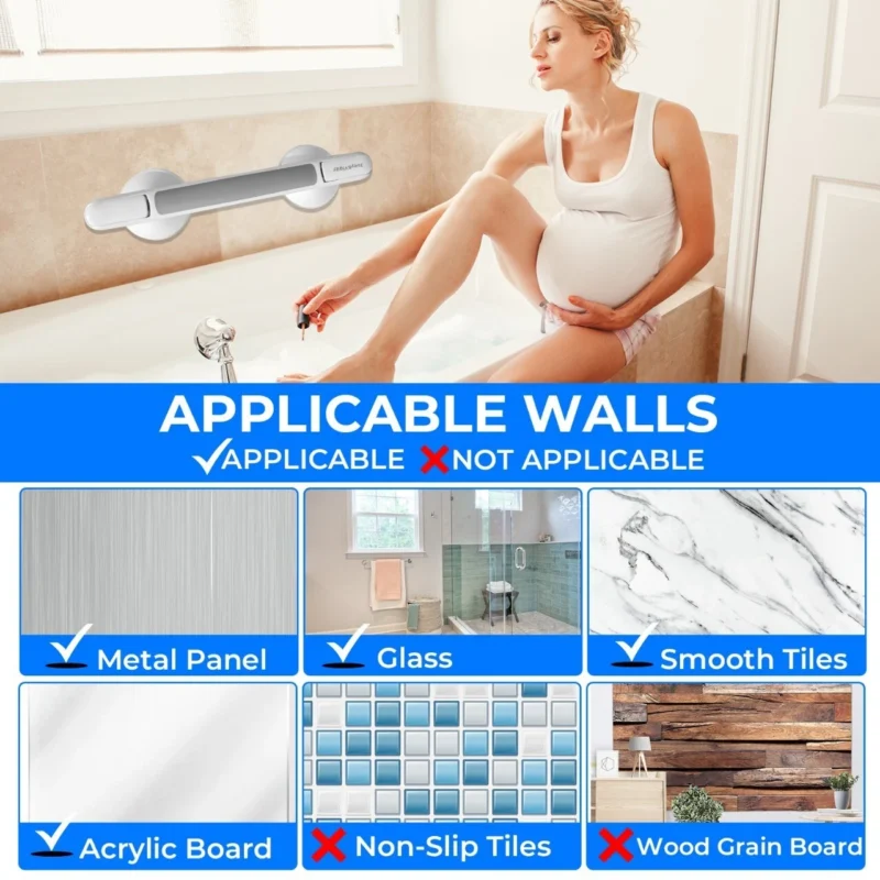 Suction grab shower handle on bathroom wall with applicable surfaces shown.