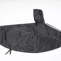 Black waterproof poncho with hood and reflective straps.
