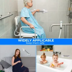 Elderly woman using a suction grab handle in a shower.