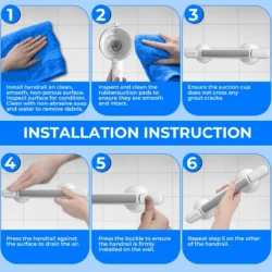 Step-by-step installation guide for suction grab shower handle on tiled surface.