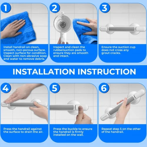 Step-by-step installation guide for suction grab shower handle on tiled surface.