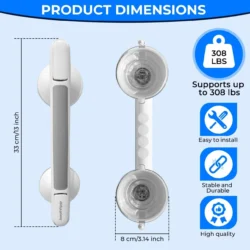 Top view of a suction grab shower handle with dimensions and features.