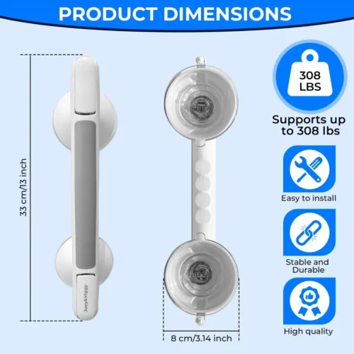 Top view of a suction grab shower handle with dimensions and features.