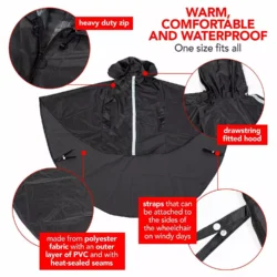 Black poncho with hood, zipper, and straps, labeled features.