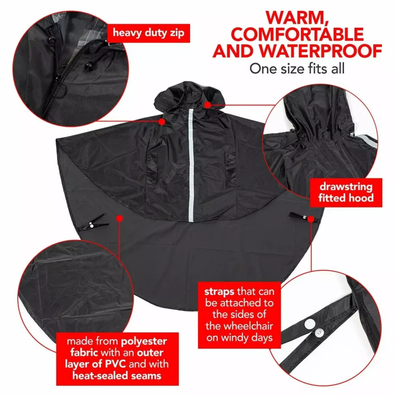 Black poncho with hood, zipper, and straps, labeled features.