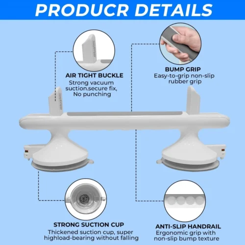 Suction grab shower handle with suction cups and rubber grip.