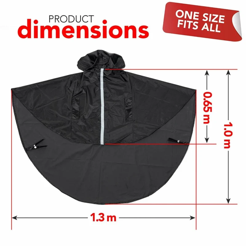 Black wheelchair poncho with hood, dimensions labeled.