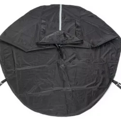 Black waterproof poncho with a hood and reflective strip.