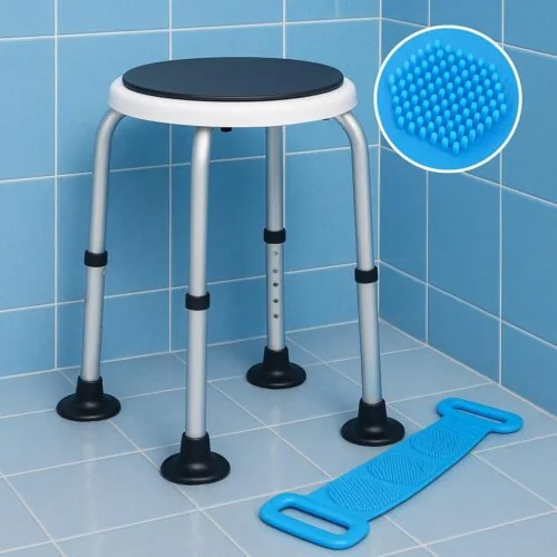 360° rotating shower stool with anti-slip feet in a blue-tiled bathroom.