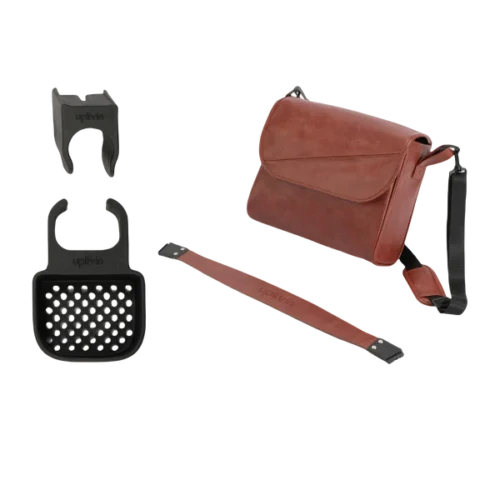 Rollator accessories including a brown bag, cane holder, and light.