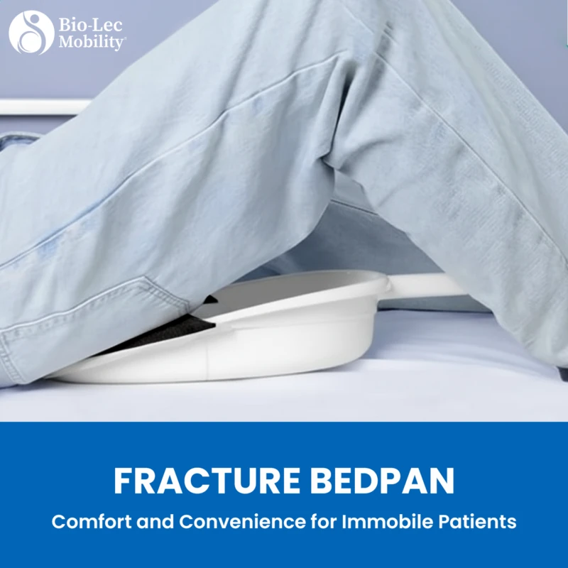 Person using a fracture bedpan with a blue background.