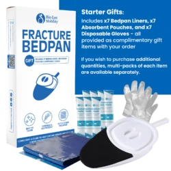 Fracture bedpan with handle, liners, pads, and gloves.
