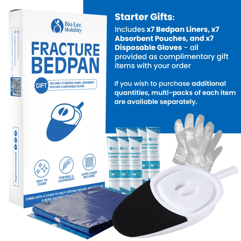 Fracture bedpan with handle, liners, pads, and gloves.
