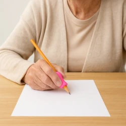Elderly hand holding a pencil with a pink grip on a blank sheet of paper.