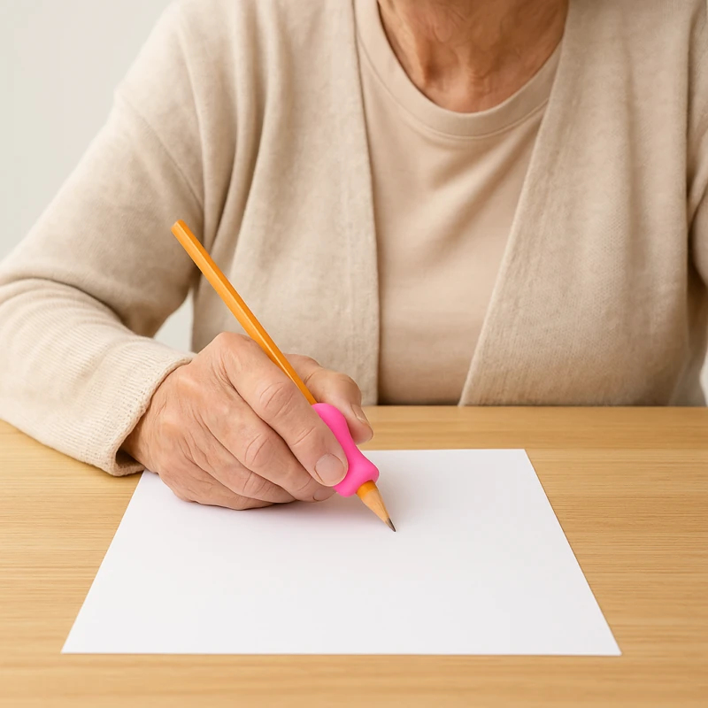 Elderly hand holding a pencil with a pink grip on a blank sheet of paper.