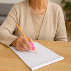 Elderly person writing with a pencil using a pink grip.