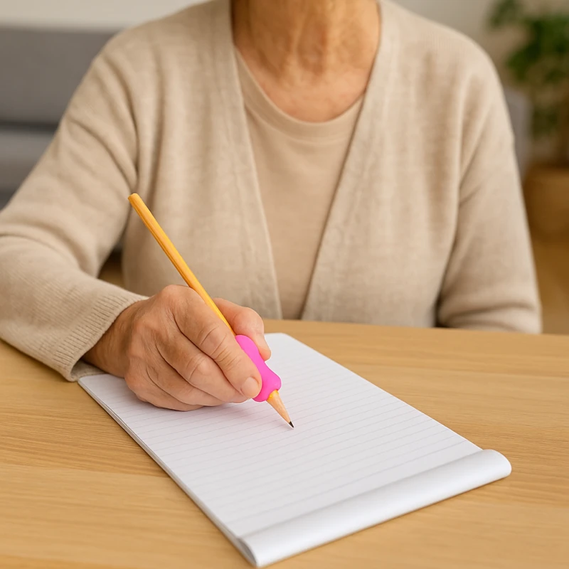 Elderly person writing with a pencil using a pink grip.