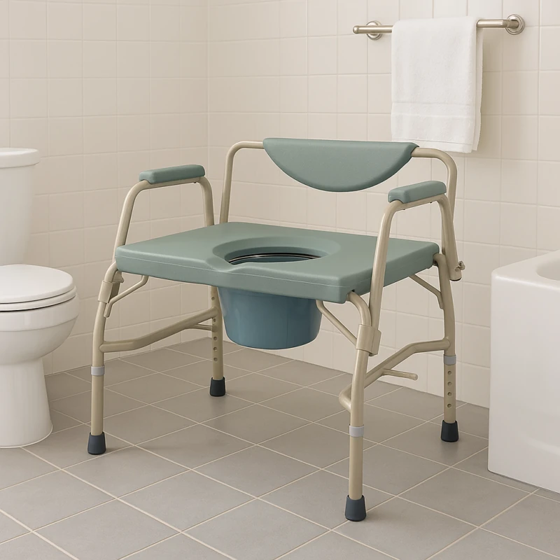 Bariatric commode chair with padded armrests in a bathroom setting.