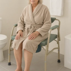 Person sitting on a bariatric commode chair in a bathroom.