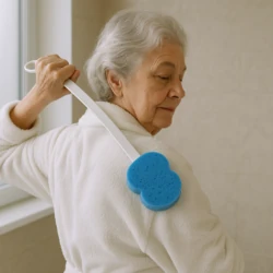 Elderly woman using a long handled blue sponge on her back.