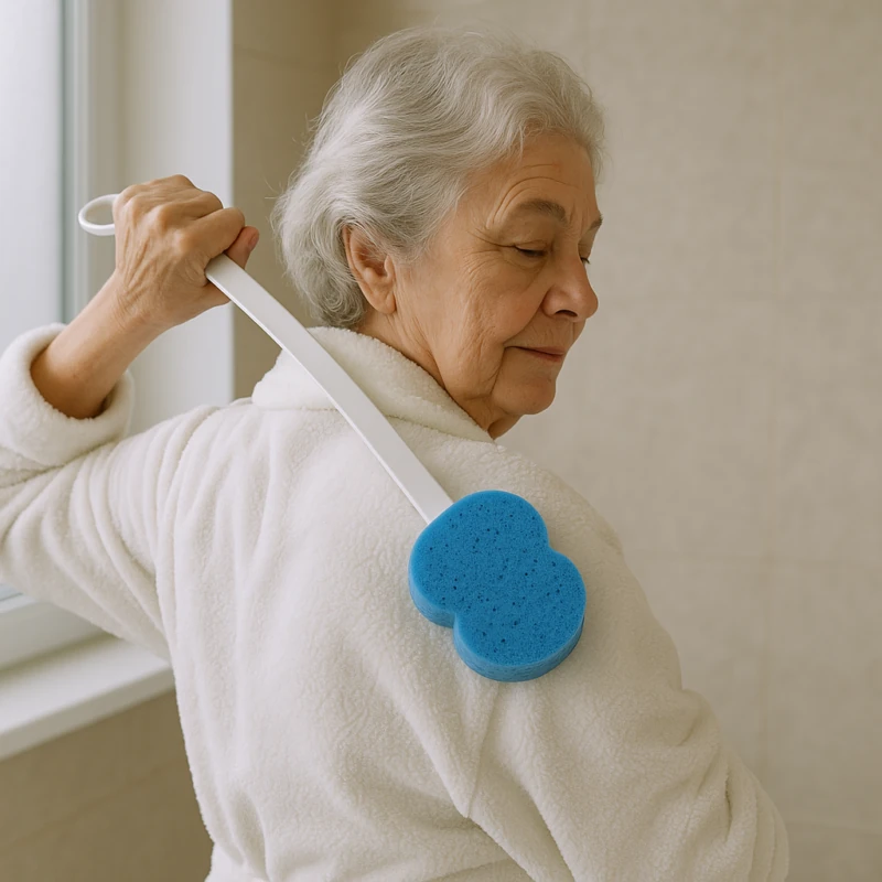 Elderly woman using a long handled blue sponge on her back.