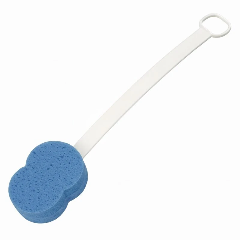 Blue sponge with a long white handle, designed for bathing.