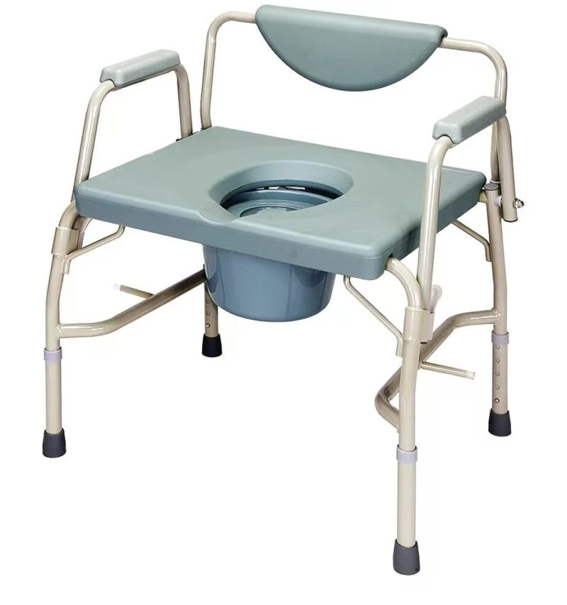 Steel commode chair with padded armrests and removable seat.