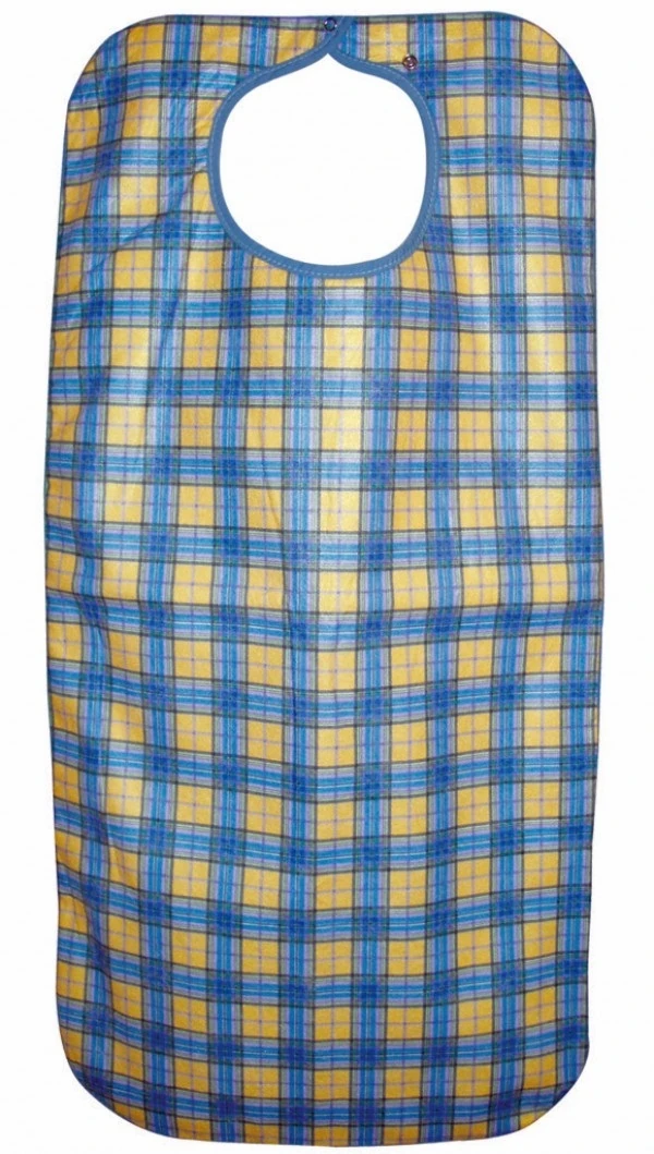 Yellow check adult apron with adjustable neck fastening.