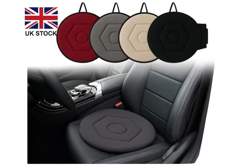 Four rotating cushion car seats in black, red, grey, and beige with a UK stock label.