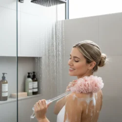 Woman using a pink long handle bath brush in the shower.
