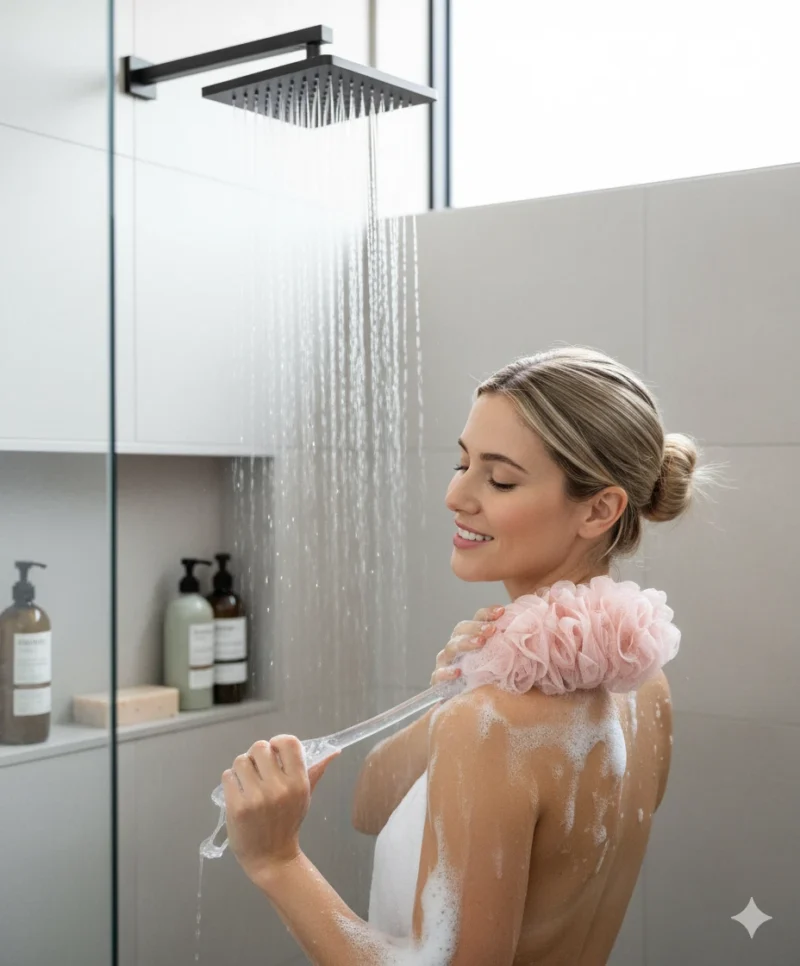 Woman using a pink long handle bath brush in the shower.
