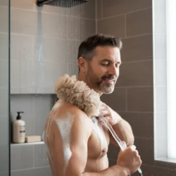 Man using a long handle bath brush with a soft mesh sponge in the shower.