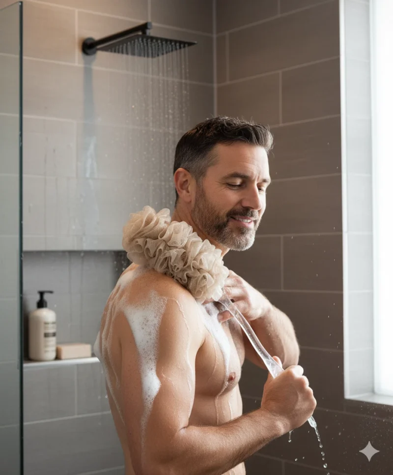 Man using a long handle bath brush with a soft mesh sponge in the shower.