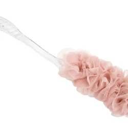 Pink mesh sponge bath brush with a long transparent handle.