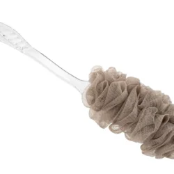 Long handle bath brush with a cream mesh sponge attached.