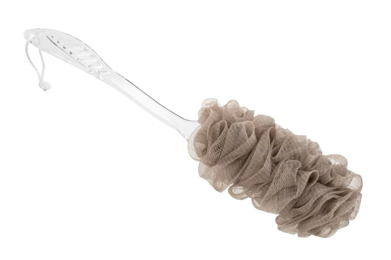Long handle bath brush with a cream mesh sponge attached.