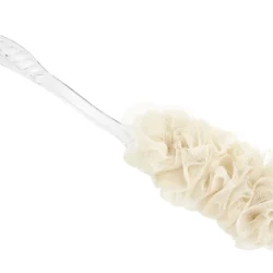 Cream mesh sponge with long transparent handle.