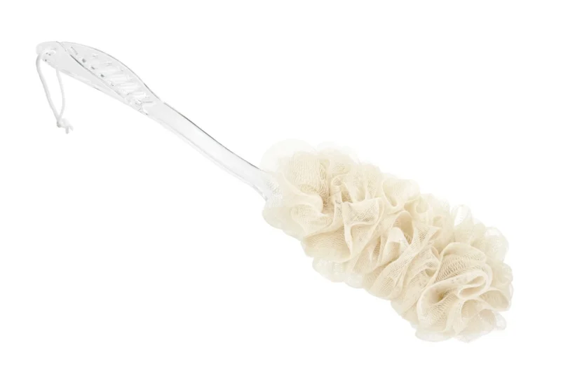 Cream mesh sponge with long transparent handle.
