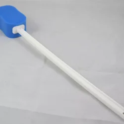 Blue contoured bath sponge with a long white handle.